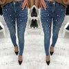 Pearl Beaded Casual Womens Skinny Jeans Denim Autumn High Waist Bleached Women Zipper Pants Women Casual Trousers