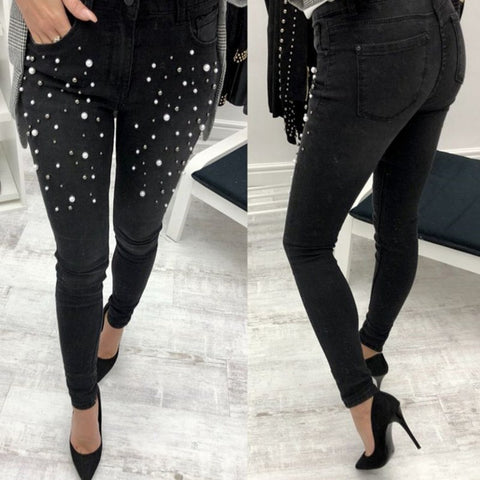 Pearl Beaded Casual Womens Skinny Jeans Denim Autumn High Waist Bleached Women Zipper Pants Women Casual Trousers
