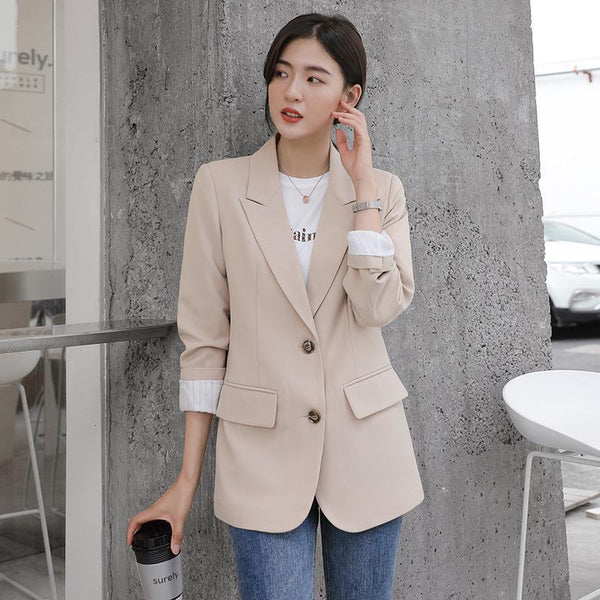 Peonfly 2023 Autumn Blazer Jacket Women Casual Korean Pockets Long Sleeve Coat Office Ladies Solid Loose Blazer