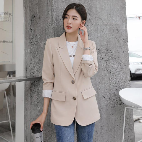 Peonfly 2023 Autumn Blazer Jacket Women Casual Korean Pockets Long Sleeve Coat Office Ladies Solid Loose Blazer