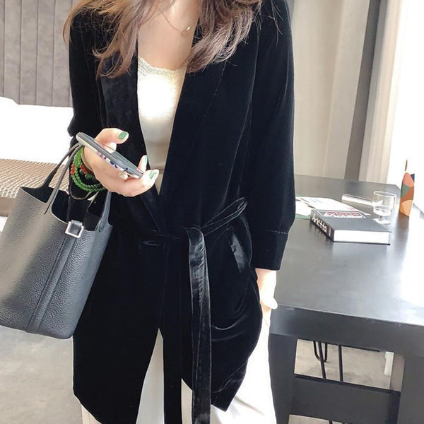 Peonfly 2023 Autumn Women's Velvet Blazers Jacket with Sashes Female Notched Outerwear Office Ladies Coat Loose Black Blazer