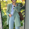 Peonfly Women 2022 Casual Double Breasted Blazers Coat Vintage Notched Long Sleeve Female Outerwear Chic Tops Green