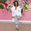 Perl Autumn Sexy White Coat  Women Bubble Long-sleeved Cold Shoulder Suit Jacket Stylish Clothing for Laides