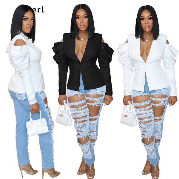 Perl Autumn Sexy White Coat  Women Bubble Long-sleeved Cold Shoulder Suit Jacket Stylish Clothing for Laides