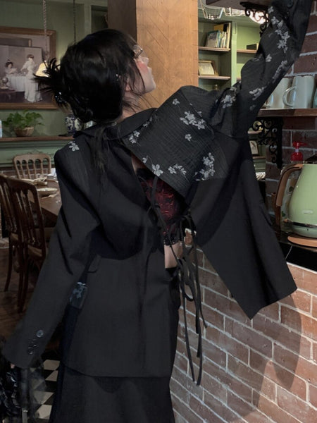 Personality Drawstring Printing Blazer Coat Women Autumn 2023 Lapel Long Sleeve Loose Temperament Trend Black