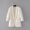 Women Elegant White Black Green Blazer Crimping Three Quarter Sleeve Outerwear Notched Pocket Office Casual Tops