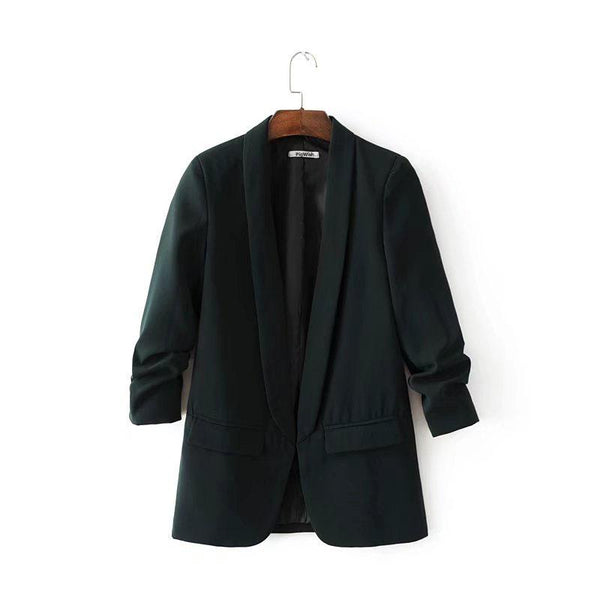 Women Elegant White Black Green Blazer Crimping Three Quarter Sleeve Outerwear Notched Pocket Office Casual Tops