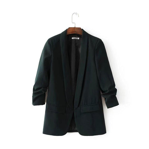 Women Elegant White Black Green Blazer Crimping Three Quarter Sleeve Outerwear Notched Pocket Office Casual Tops