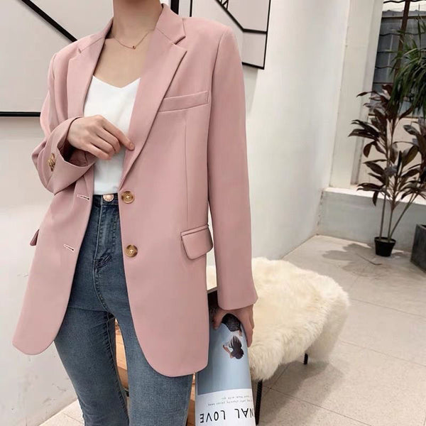 Pink Blazer Women's Korean Version British Chic Streetwear Office Ladies Elegant Casual Loose Long Sleeve Jacket
