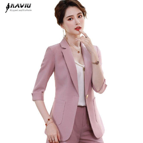 Pink Half Sleeve Women Casual Temperament Summer Formal Slim Jacket Office Ladies Work Coat Black