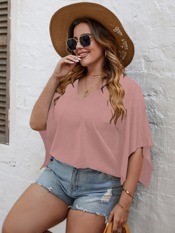 Pink Large Plus Size 4XL Tops Women 2023 Autumn V Neck Vintage Curvy T Shirts Half Sleeve Loose Casual Solid Ladies Blouses