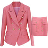 Pink Skirt Blazer Suits 2023 Gold Double Breasted Buttons Blazers Pencil Skirts Slim Two Pieces Sets