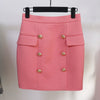 Pink Skirt Blazer Suits 2023 Gold Double Breasted Buttons Blazers Pencil Skirts Slim Two Pieces Sets