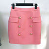 Pink Skirt Blazer Suits 2023 Gold Double Breasted Buttons Blazers Pencil Skirts Slim Two Pieces Sets
