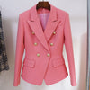 Pink Skirt Blazer Suits 2023 Gold Double Breasted Buttons Blazers Pencil Skirts Slim Two Pieces Sets