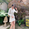 Pink Skirt Suit Jacket Set Women Double Breasted Balzer Short Beadings Asymmetry Sexy Skirt Two Pieces Set Business Work Outfit