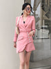 Pink Skirt Suit Jacket Set Women Double Breasted Balzer Short Beadings Asymmetry Sexy Skirt Two Pieces Set Business Work Outfit