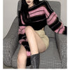 Pink Striped Cropped Sweater Women Vintage Jumper Preppy Style Autumn Long Sleeve Y2K Harajuku  Goth Emo Pullovers Tops