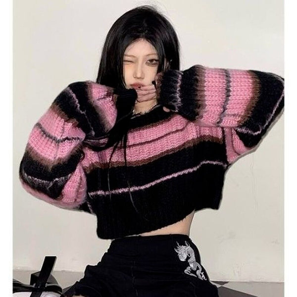Pink Striped Cropped Sweater Women Vintage Jumper Preppy Style Autumn Long Sleeve Y2K Harajuku  Goth Emo Pullovers Tops