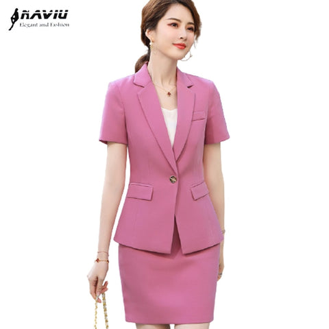 Pink Suits Women Summer Short Sleeve Business Temperament High End Formal Blazer And Skirt Office Ladies Work Wear