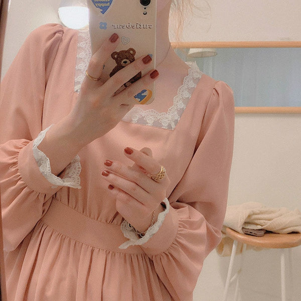 Pink Sweet Dress Women Elegant Lace Patchwork Fairy Dress Female Puff Sleeve Japanese Kawaii Party Midi Korean Dress Women 2022