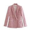 Pink Tweed Blazer Women 2023 Vintage Notch Collar Long Sleeve Pockets Jacket Plaid Casual Office Street Women Clothing