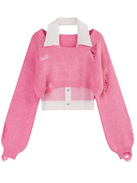 Pink Y2k Fake Two-Piece Sexy Halter Sweater Baggy T-shirt Women's Autumn 2023 Long Sleeve Harajuku Kawaii Crop Sweater Tops
