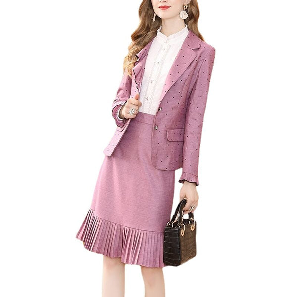 Pink polka dot jacket + pleated skirt suit two-piece women's autumn dress 2023 ladies