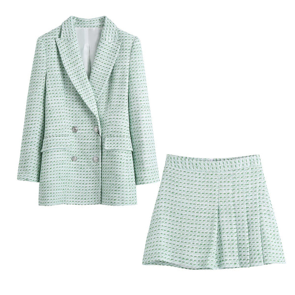 Pinkou Women Tweed Blazer Suit Long Sleeve Double Breasted Jacket A Line Mini Skirt Office Wear Mint Chic Set TZ04