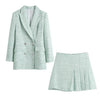 Pinkou Women Tweed Blazer Suit Long Sleeve Double Breasted Jacket A Line Mini Skirt Office Wear Mint Chic Set TZ04