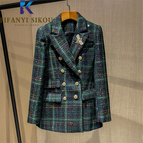 Plaid Blazer Jacket Women 2023 Designer Embroidery Double Breasted Green Suit Jacket Lady Elegant Formal Blazer Coat