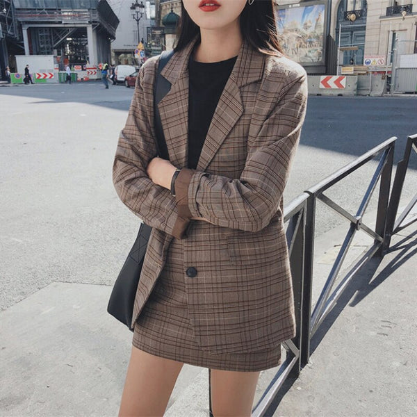 Plaid Blazer Skirt Set Suit Women High Waist Mini Pencil Skirts Office Lady Elegant Suit Two-piece Korean Business Outfit Sets
