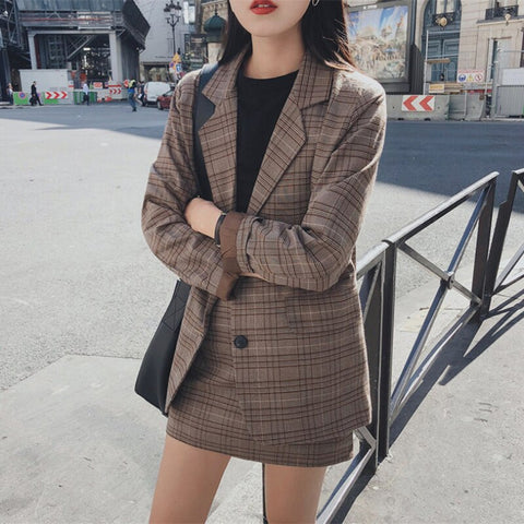 Plaid Blazer Skirt Set Suit Women High Waist Mini Pencil Skirts Office Lady Elegant Suit Two-piece Korean Business Outfit Sets