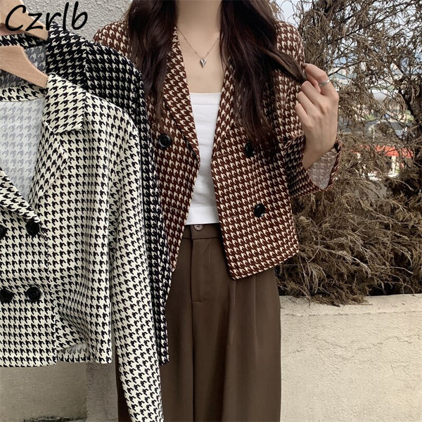 Plaid Blazers Women Straight Crop All-match Spring Autumn Femme Notched Double Breasted Clothing Teens Vintage Popular Classic