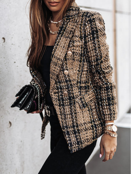 Plaid Button Blazer Jacket Coat Women 2023 Autumn Winter Long Sleeve Thin Double Breasted Female Slim Office Clothes Plus Size