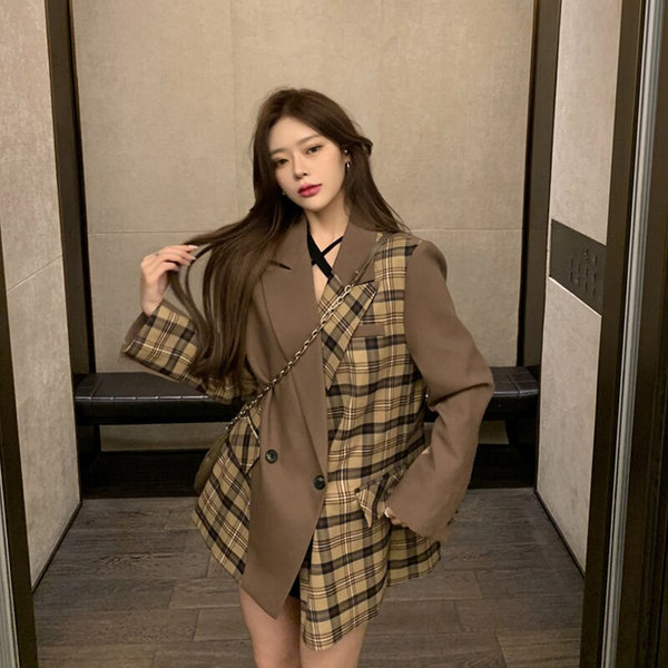 Plaid Irregular Patchwork Blazer Women Autumn 2022 Korean Loose Notched Lapel Double-Breasted Long Sleeve Suit Coats Female