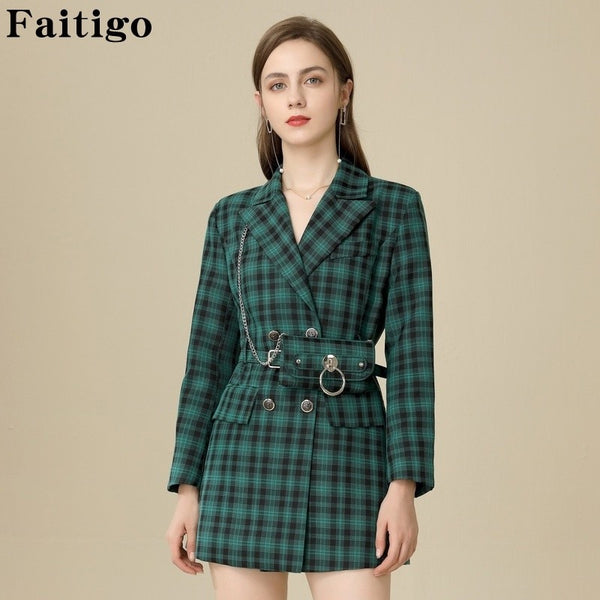 Plaid Long Blazers Jacket Women Autumn Winter Notched Long Sleeve Plus Size Office Ladies Coat Double Breasted Dress Blazer