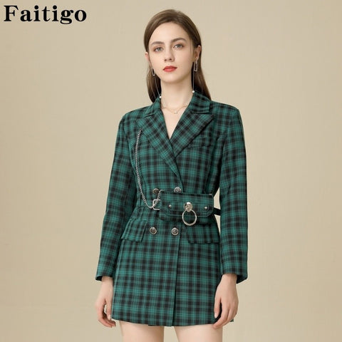 Plaid Long Blazers Jacket Women Autumn Winter Notched Long Sleeve Plus Size Office Ladies Coat Double Breasted Dress Blazer