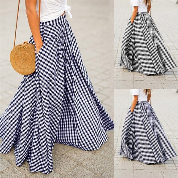 Plaid Pleated Boho Maxi Women Skirts Casual Vintage High Waist Pocket Female Long Skirt 2022 Spring Summer Loose Ladiesbottoms
