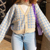 Plaid Print Cardigan Sweater Women Long Sleeve Short Knitted Sweater Autumn Casual V-Neck Streetwear Coats Loose Pull Femme