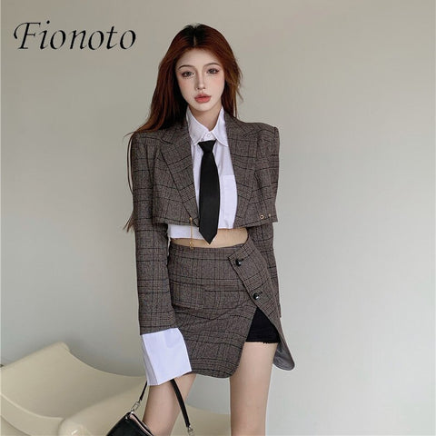 Plaid Short blazers 2023 Women's Suits with High Waist Side Slit Mini Skirt Tweed Sexy Office 2-piece Elegant Sets
