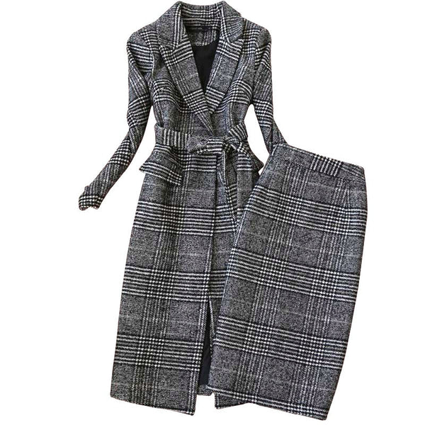 Plaid Suit Women Autumn Winter Long Woolen Blazer & Skirt Set Temperament Tweed Trench Two Piece Set Ladies Outfit f1834