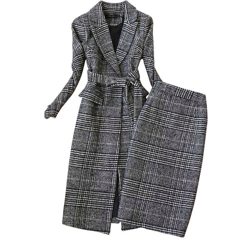 Plaid Suit Women Autumn Winter Long Woolen Blazer & Skirt Set Temperament Tweed Trench Two Piece Set Ladies Outfit f1834