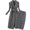 Plaid Suit Women Autumn Winter Long Woolen Blazer & Skirt Set Temperament Tweed Trench Two Piece Set Plus Size Outfit f1834