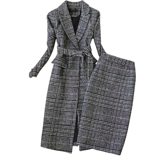 Plaid Suit Women Autumn Winter Long Woolen Blazer & Skirt Set Temperament Tweed Trench Two Piece Set Plus Size Outfit f1834