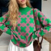Plaid Turtleneck Pullover Women Elegant Casual Knitted Sweater Autumn Loose Long Sleeve Jumper Female Vintage Winter Knitwear
