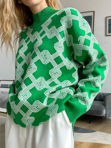 Plaid Turtleneck Pullover Women Elegant Casual Knitted Sweater Autumn Loose Long Sleeve Jumper Female Vintage Winter Knitwear