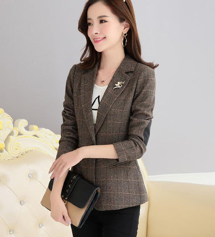 Plaid Women Blazer Casual One Button Blazer Jacket Officewear Notched Collar Ladies Blazers Long Sleeve Pockets Blaser Woman 2XL