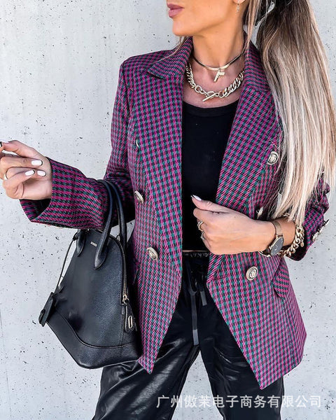 Plaid Women's Suit Jacket Office Casual 2023 Spring Summer Lapel Long Sleeve Double Breasted Straight Purple Plaid Jacket