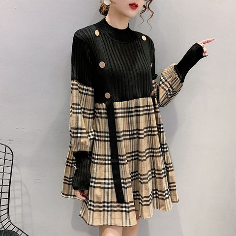 Plaid  dresses for women  medium length knitted loose elastic sweater dress